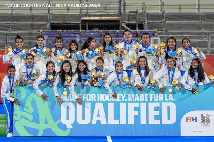 Indian women’s hockey team celebrates after winning the gold medal at Asian Games 2026