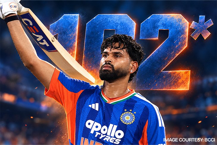 Shreyas Iyer celebrates his unbeaten century during India's T20I win over West Indies in Lucknow