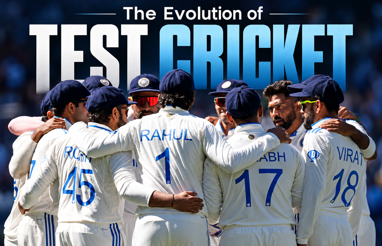 Evolution of Test Cricket showing players competing in a traditional five-day international cricket
