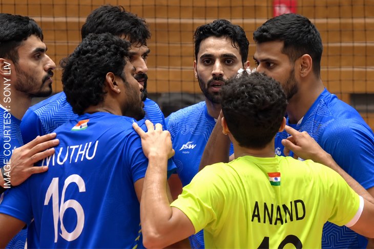 Pakistan players celebrate after defeating India 3-0 in the Asian Games 2026 men’s volleyball quarte